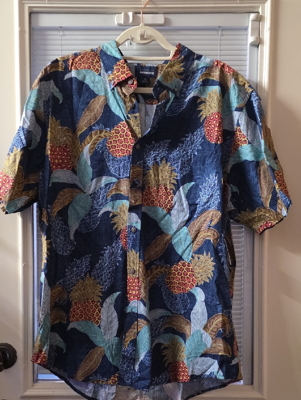 Men's Navy Pineapple Print Short-Sleeve Button-Down Shirt by Artisan
